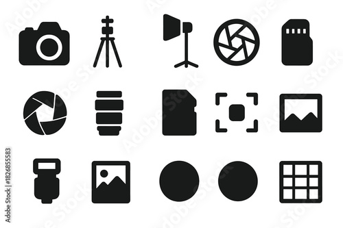 Photography Icons Set. Photography Essentials. Solid icon set of Photography Essentials: DSLR camera, tripod, soft light, reflector, aperture icon, lens,