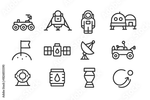 Lunar Transport Icons. Lunar transportation. Line icon set of lunar transportation: moon rover, lander module, astronaut, moon base, flag, satellite, control