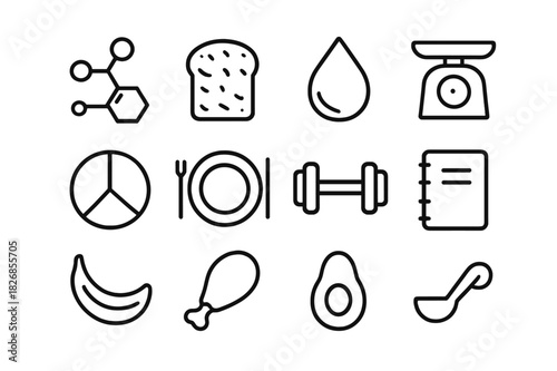 Macronutrient Icons Set. Macronutrient balance. Line icon set of macronutrient balance: protein icon, carb icon, fat drop, scale, pie chart, meal plate,