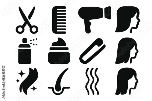 Hair Styling Tools. Hair finishing. Solid icon set of Hair finishing: scissors, comb, blow dryer, brush, hair spray, styling cream, clip removal, smooth