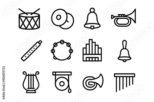 Musical Icons Collection. Musical instruments. Line icon set of musical instruments: drum, cymbals, bell, trumpet, flute, tambourine, organ, handbell, lyre,