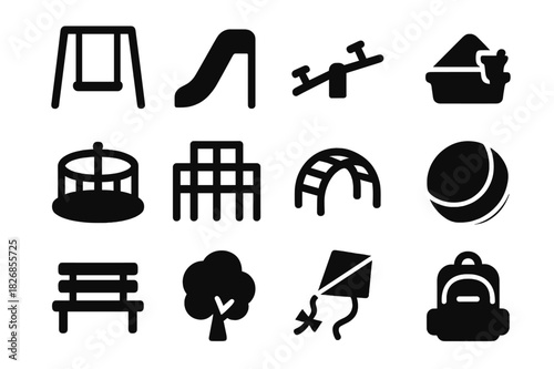 Playground Icons Set. Playtime Icons. Solid icon set of swing, slide, seesaw, sandbox, merry-go-round, jungle gym, climbing frame, ball, bench, tree, kite,