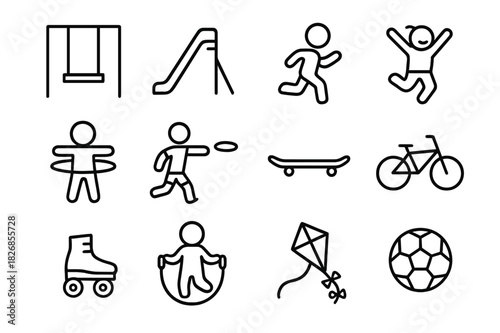 Playful Activity Icons. Playful Activities. Line icon set of Playful Activities: swing, slide, running child, jumping kid, hula hoop, frisbee, skateboard,