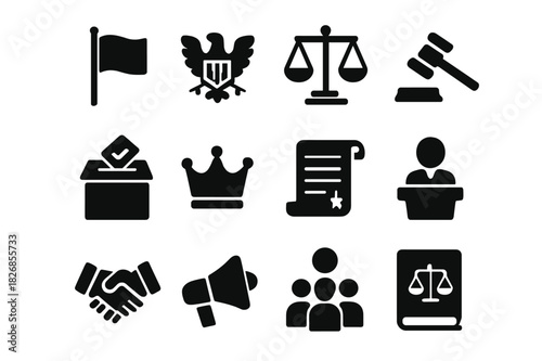 Political Icon Set. Political symbols. Solid icon set of Political symbols: flag, emblem, scales, gavel, ballot box, crown, constitution scroll, handshake,