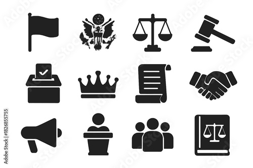 Political Icon Set. Political symbols. Solid icon set of Political symbols: flag, emblem, scales, gavel, ballot box, crown, constitution scroll, handshake,