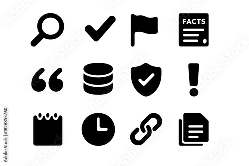 Verification Icons Grid. Verification and Facts. Solid icon set of Verification and Facts: magnifier, checkmark, flag, fact sheet, quote marks, database,