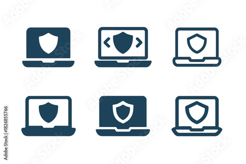 Secure Code Icons. Secure software development and coding practices. Icon set. Set Logo of secure software development and coding practices: shielded laptop.