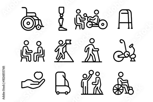 Empowerment Icons Set. Empowerment. Line icon set of Empowerment: wheelchair, prosthetic limb, handcycle, adaptive sports, therapy session, goal achievement,