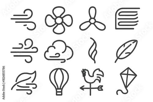 Airflow Icon Set. Airflow. Line icon set of Airflow: wind swirl, fan, propeller, air vent, gust, cloud, smoke trail, feather, leaf blowing, hot air balloon,