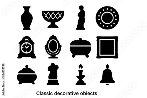 Classic Decorative Icons. Classic Decorative Objects. Solid icon set of porcelain vase, crystal bowl, figurine, decorative plate, antique clock, mirror,