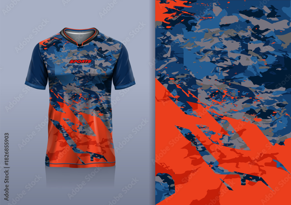 Fototapeta premium T-shirt mockup abstract texture grunge sport jersey design for football, soccer, racing, esports, running, blue orange gray color