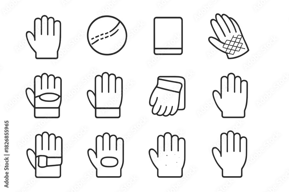 Fototapeta premium Work Gloves Icons. Work Gloves Set. Line icon set of Work Gloves Set: gloves, stitching detail, cuff, palm texture, reinforced knuckle, finger lines, folded
