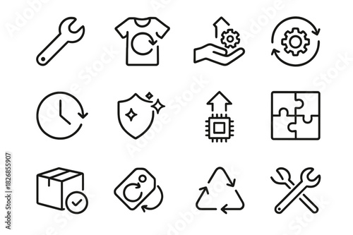 Product Life Icons. Product life extension. Line icon set of product life extension: repair wrench, reused item, product maintenance, replace part, long use,