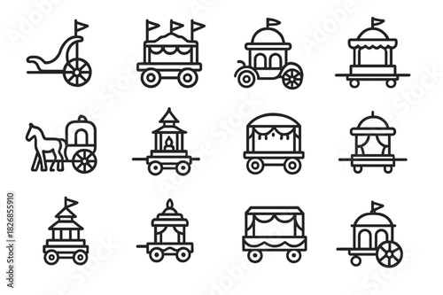 Procession Vehicle Icons. Procession vehicles. Line icon set of procession vehicles: chariot, float, carriage, ceremonial cart, horse-drawn carriage, temple