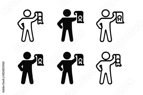 Proud Certificate Emblems. Person standing proudly holding a certificate. Icon set. Set Logo of Person standing proudly holding a certificate: Person with