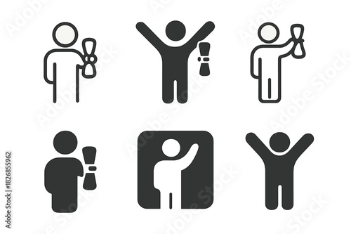 Proud Certificate Emblems. Person standing proudly holding a certificate. Icon set. Set Logo of Person standing proudly holding a certificate: Person with