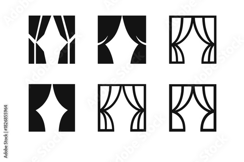 Performance Art Logos. Performance art. Icon set. Set Logo of performance art: curtain opening moment. harmonious logo variations of the same emblematic
