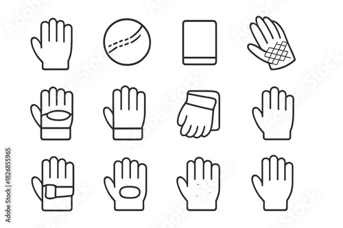 Work Gloves Icons. Work Gloves Set. Line icon set of Work Gloves Set: gloves, stitching detail, cuff, palm texture, reinforced knuckle, finger lines, folded