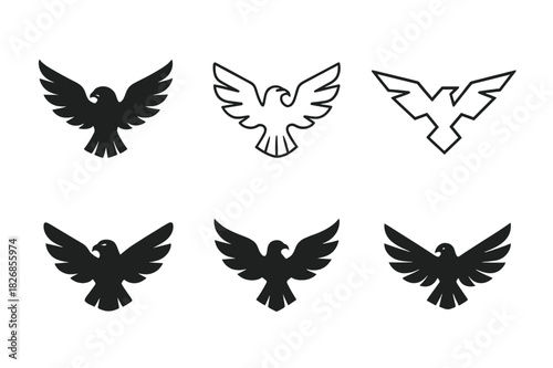 Falcon Logo Variations. Falcons. Icon set. Set Logo of Falcons: Spread Wings. harmonious logo variations of the same emblematic concept (Iconic shape, Filled