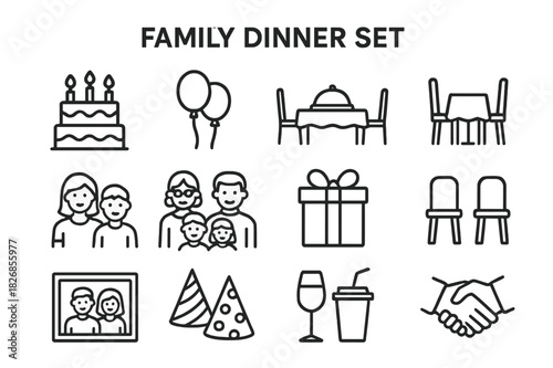 Family Dinner Essentials. Family Dinner Set. Line icon set of Family Dinner Set: cake, balloons, dining table, parents, children, grandparents, gift box,