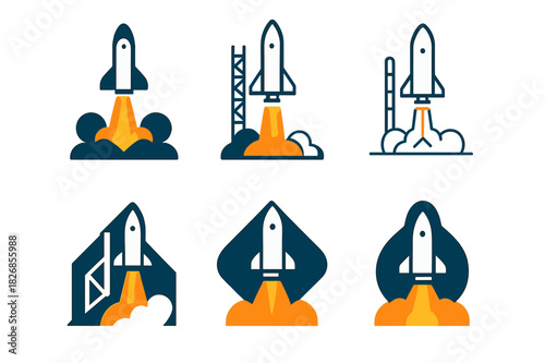 Futuristic Spacecraft Launch Logos. The launch of a spacecraft from a futuristic launch pad. Icon set. Set Logo of the launch of a spacecraft from a futuristic
