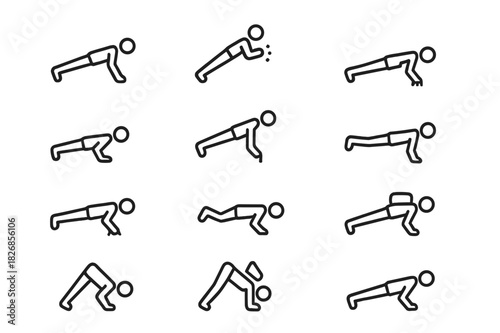 Push-Up Icon Set. Push-Up Mastery. Line icon set of Push-Up Mastery: one-arm push-up, clap push-up, explosive push-up, fingertip push-up, diamond push-up,