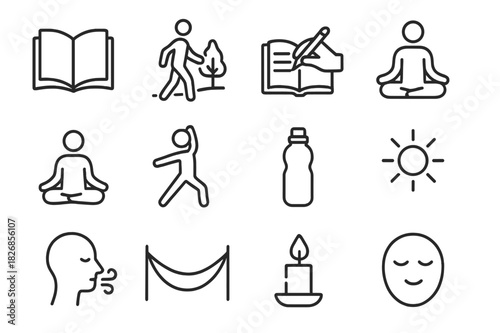Digital-Free Icon Set. Digital-Free Activities. Line icon set of Digital-Free Activities: book reading, nature walk, journaling, yoga, meditation, stretching,