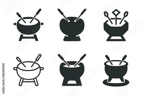 Hot Pot Icons. Preparing a hot pot or fondue for a social meal with friends. Icon set. Set Logo of Preparing a hot pot or fondue for a social meal with