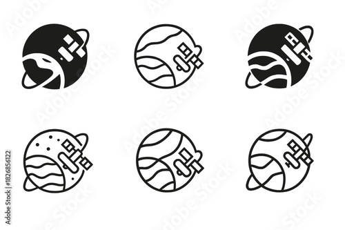 Space Icon Variations. Space exploration and planetary colonization. Icon set. Set Logo of space exploration and planetary colonization: satellite orbiting new