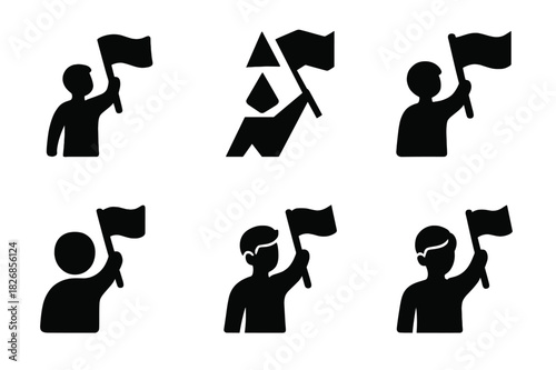 Youth Leadership Icons. Youth activism and leadership. Icon set. Set Logo of Youth activism and leadership: youth leader with flag raised high. harmonious logo
