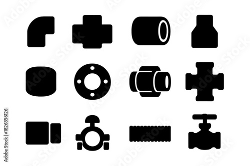 PVC Plumbing Icon Set. PVC Connection Set. Solid icon set of elbow, tee, coupler, reducer, end cap, flange, union, cross, threaded adapter, pipe clamp, nipple,