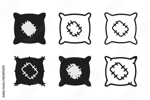 Ragged Pillow Logos. Ragged pillow. Icon set. Set Logo of ragged pillow: stitched patch cushion. harmonious logo variations of the same emblematic concept,