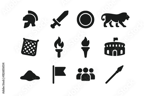 Gladiator Icon Set. Gladiator arena. Solid icon set of gladiator arena: helmet, sword, shield, lion, net, trident, torch, arena gate, sand, flag, crowd, spear.
