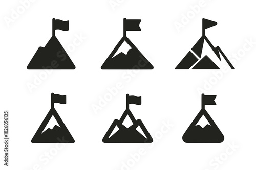 Entrepreneurial Icon Set. Entrepreneurial spirit. Icon set. Set Logo of entrepreneurial spirit: mountain peak with flag. harmonious logo variations of the same