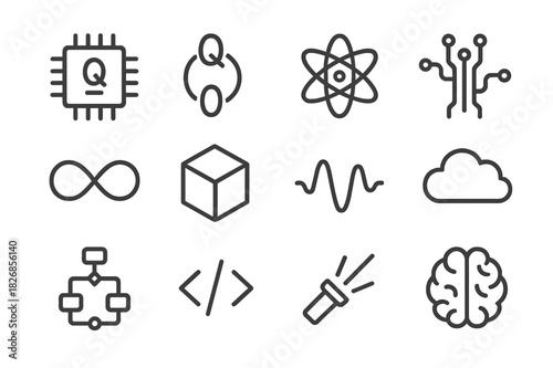 Quantum Computing Icons. Quantum computing. Line icon set of quantum computing: quantum chip, qubit symbol, atom, circuit board, infinity loop, cube, waveform,