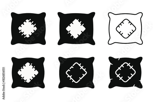 Ragged Pillow Logos. Ragged pillow. Icon set. Set Logo of ragged pillow: stitched patch cushion. harmonious logo variations of the same emblematic concept,