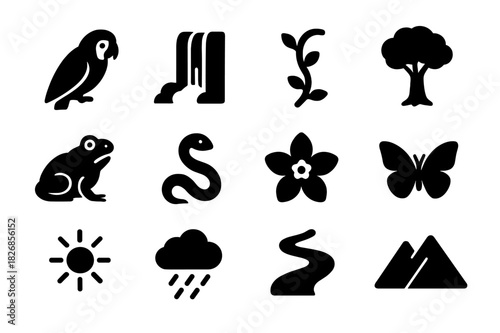Rainforest Icon Grid. Rainforest ecosystem. Solid icon set of rainforest ecosystem: parrot, waterfall, vine, tree canopy, frog, snake, flower, butterfly, sun,