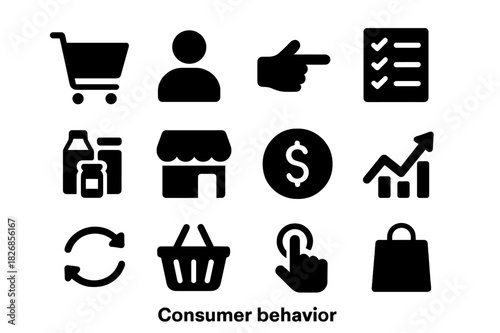 Consumer Behavior Icons. Consumer behavior. Solid icon set of Consumer behavior: shopping cart, buyer icon, hand pointing, checklist, goods icon, store icon,