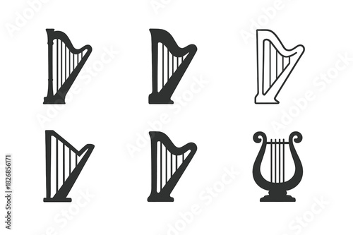 Harp Logo Variations. Classical Music. Icon set. Set Logo of Classical Music: Harp. harmonious logo variations of the same emblematic concept (Iconic shape,