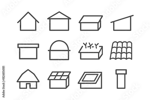 Roof Types Icons. Roof Types. Line icon set of Roof Types: gable roof, hip roof, mansard roof, shed roof, flat roof, dome roof, green roof, tile roof, thatched