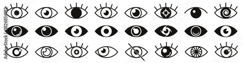 Stylized eye icons with various shapes and symbolic meanings. Each design shows a different concept with clean black lines