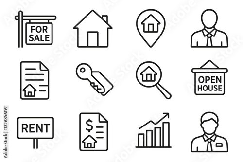 Real Estate Icons Set. Real estate. Line icon set of real estate: for sale sign, house icon, property location, realtor icon, deed document, key with tag, home