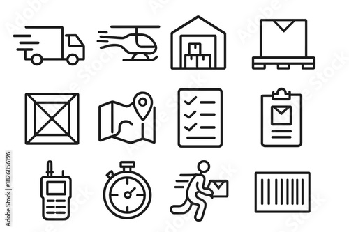 Logistics Line Icons. Rapid response logistics. Line icon set of rapid response logistics: truck, helicopter, warehouse, pallet box, crate, map