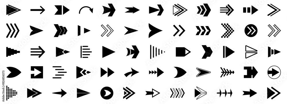 Naklejka premium Arrow collection with many bold shapes and expressive directional styles. Each symbol shows movement through sharp or curved forms