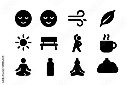 Relaxation Icon Set. Relaxation elements. Solid icon set of Relaxation elements: calm face, smile, gentle breeze, leaf falling, sunlight, sitting spot,