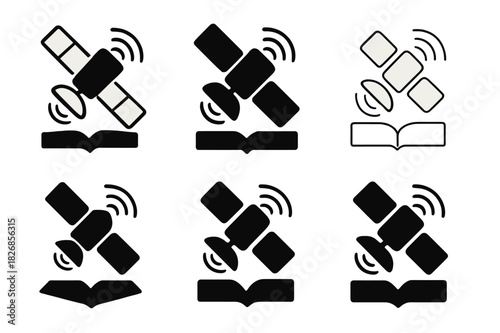 Remote Learning Icons. Remote education access. Icon set. Set Logo of Remote education access: Satellite and book. harmonious logo variations of the same