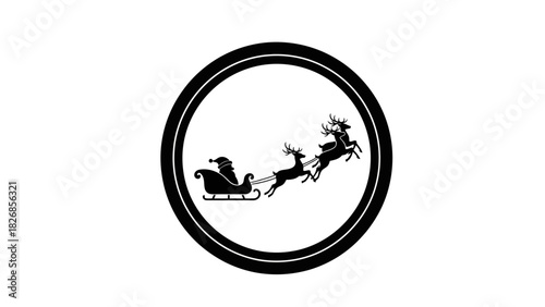 A black and white circular emblem featuring Santa Claus in his sleigh being pulled by reindeer across a starry sky