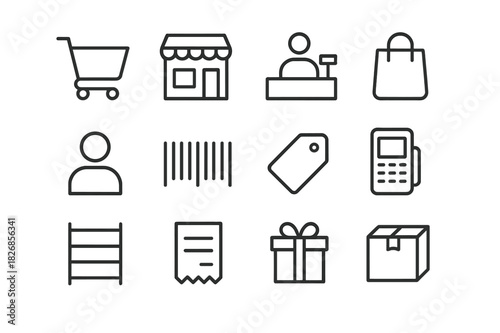 Retail Icon Set. Retail experience. Line icon set of retail experience: shopping cart, store, cashier, bag, customer, barcode, price tag, card terminal, shelf,