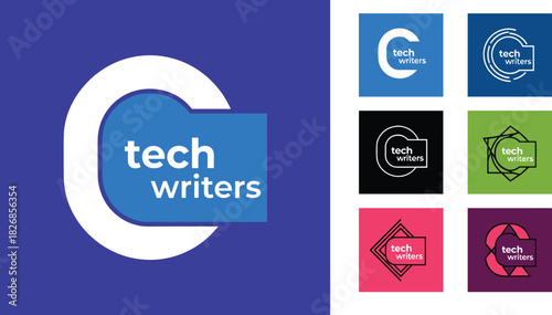 Modern tech writers logo set, circular and geometric branding icons, colorful variations, digital identity design, creative emblem collection, minimalist style