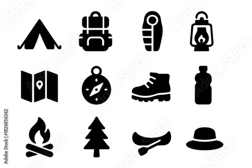 Camping Gear Icons. Camp Essentials. Solid icon set of tent, backpack, sleeping bag, lantern, map, compass, hiking boots, water bottle, campfire, tree, canoe,